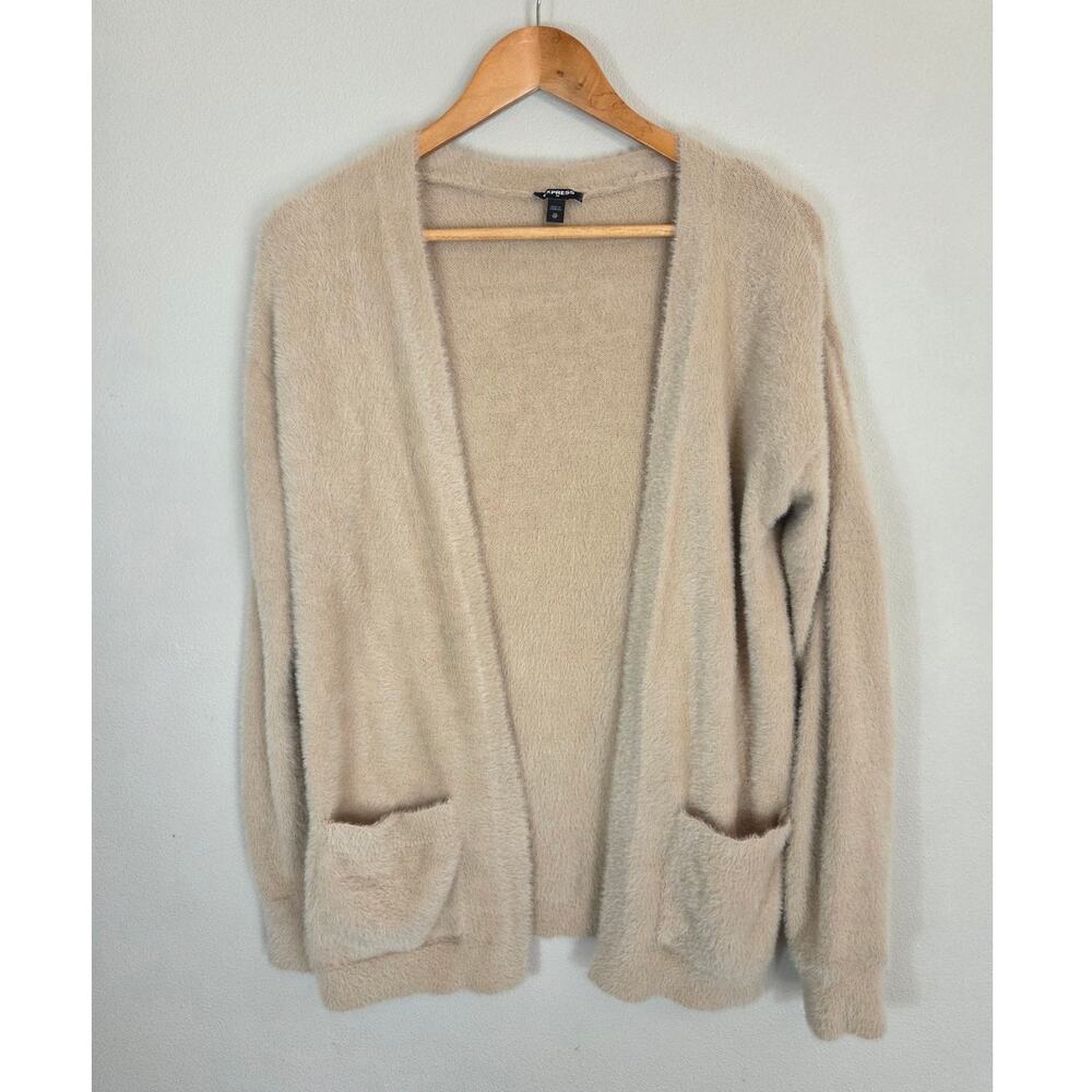 Express Woman's Tan Open Front Fuzzy Cozy Cardigan Sweater Size XS